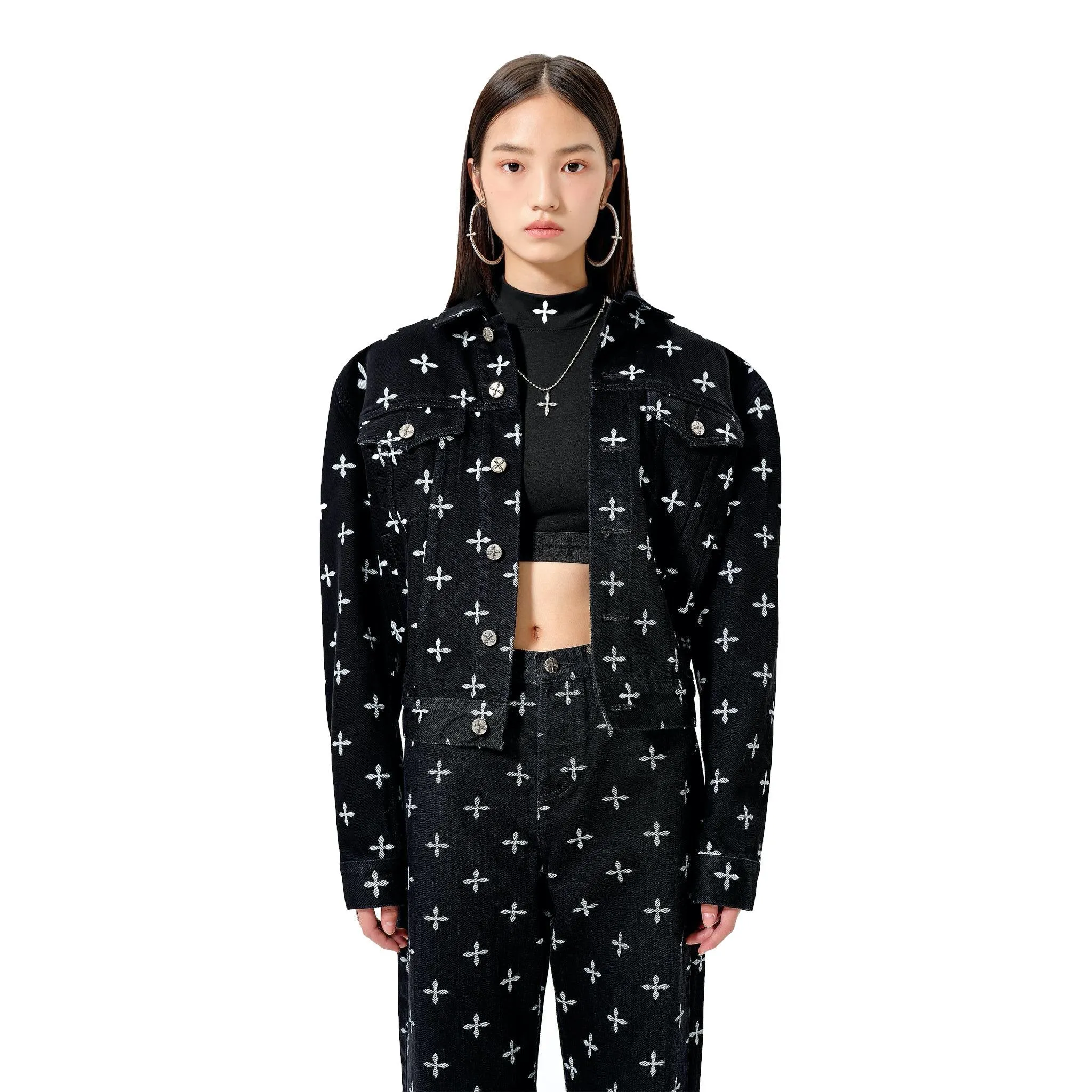 Black Allover Compass Logo Denim Jacket