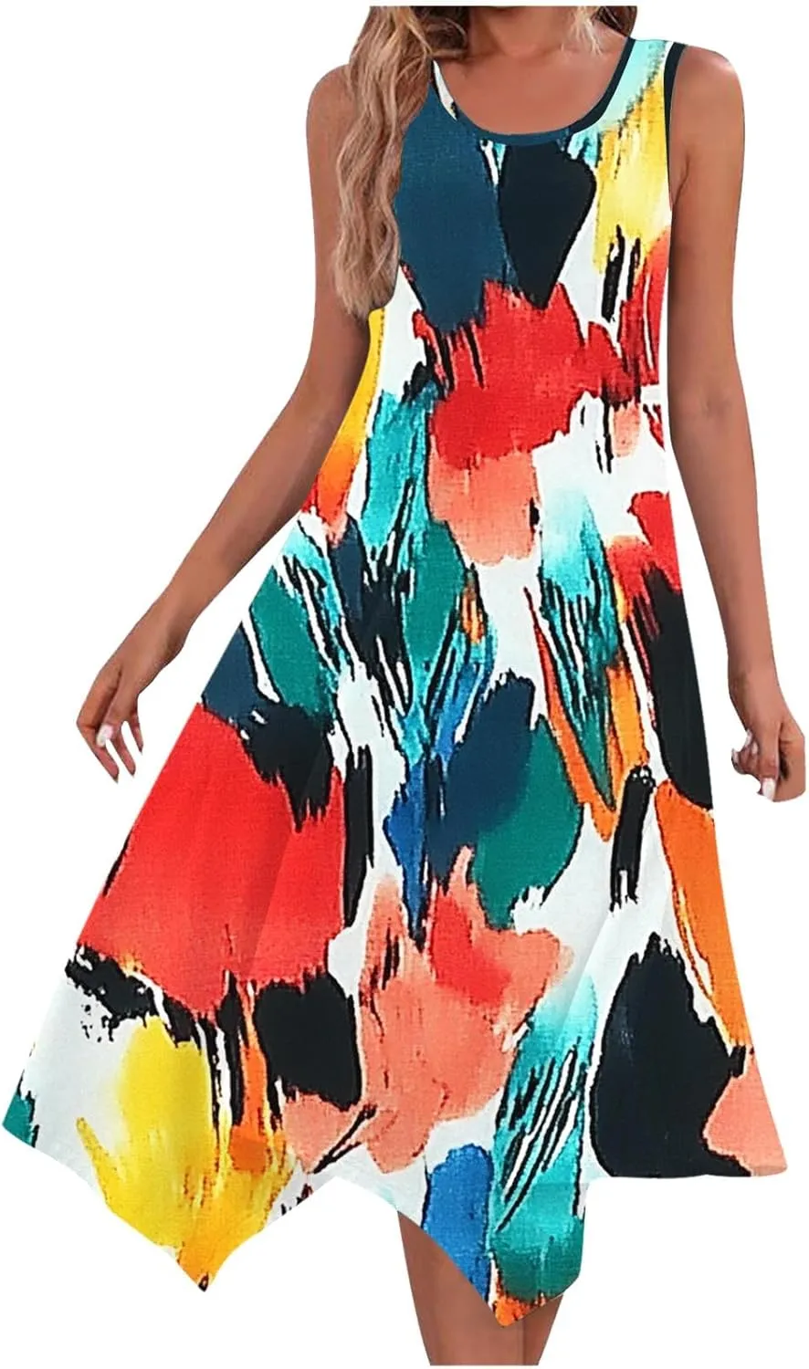 Casual Dresses for Women Summer Fashion Boho Floral Print Irregular Hem Sleeveless Round Neck Sundress Beach Dress