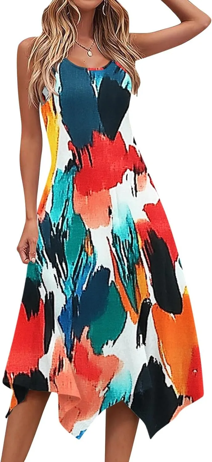 Casual Dresses for Women Summer Fashion Boho Floral Print Irregular Hem Sleeveless Round Neck Sundress Beach Dress