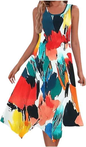 Casual Dresses for Women Summer Fashion Boho Floral Print Irregular Hem Sleeveless Round Neck Sundress Beach Dress