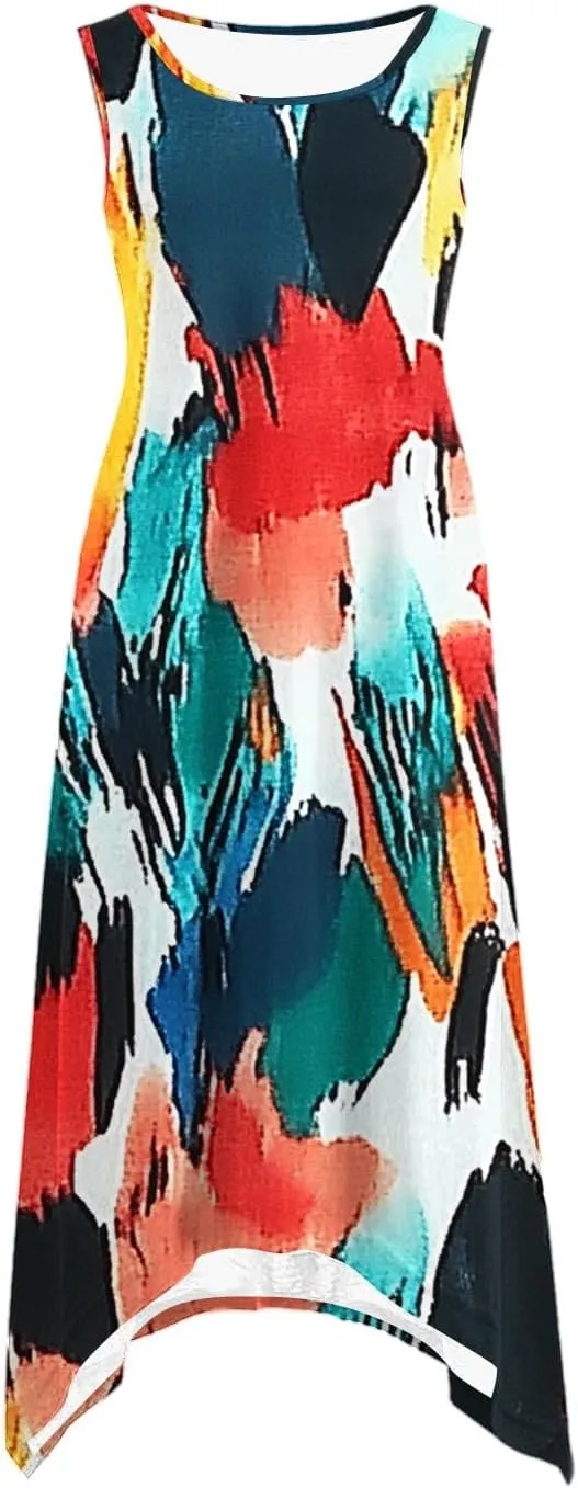 Casual Dresses for Women Summer Fashion Boho Floral Print Irregular Hem Sleeveless Round Neck Sundress Beach Dress