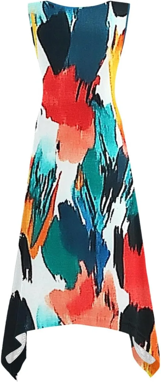 Casual Dresses for Women Summer Fashion Boho Floral Print Irregular Hem Sleeveless Round Neck Sundress Beach Dress