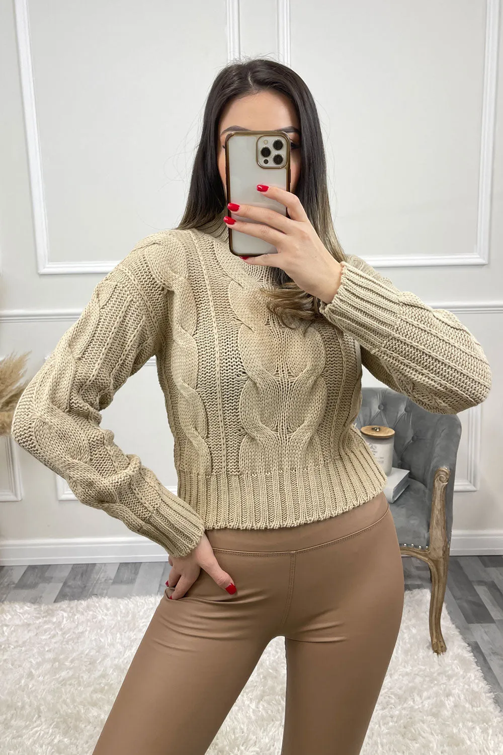 Connee Beige High Neck Cable Knit Cropped Jumper