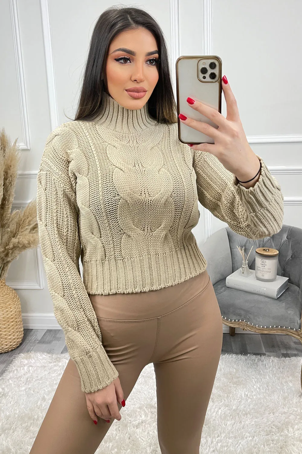 Connee Beige High Neck Cable Knit Cropped Jumper