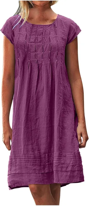 Linen Dress Women Summer Short Sleeve Pleated Casual Cotton Midi T-Shirt Dresses Beach Sundresses Vacation Outfits