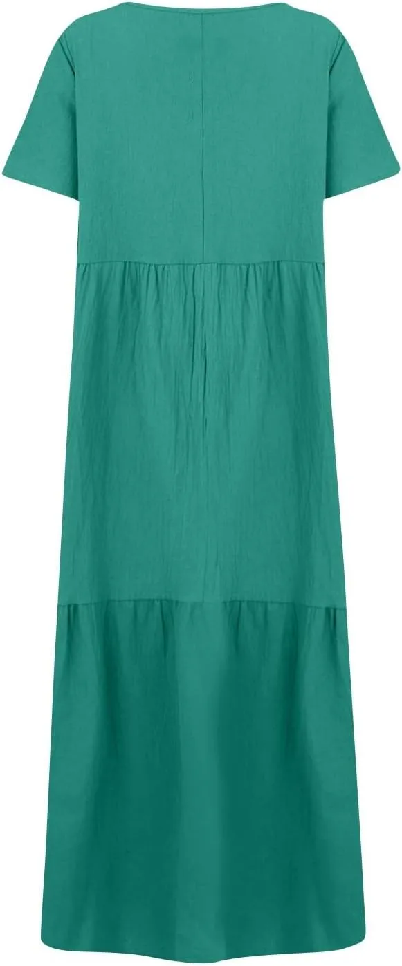 Linen Dress Women Summer Short Sleeve V Neck Plus Size Maxi Dresses Casual Flowy Loose Long Vacation Beach Sundress