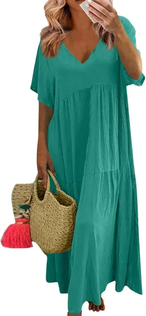 Linen Dress Women Summer Short Sleeve V Neck Plus Size Maxi Dresses Casual Flowy Loose Long Vacation Beach Sundress
