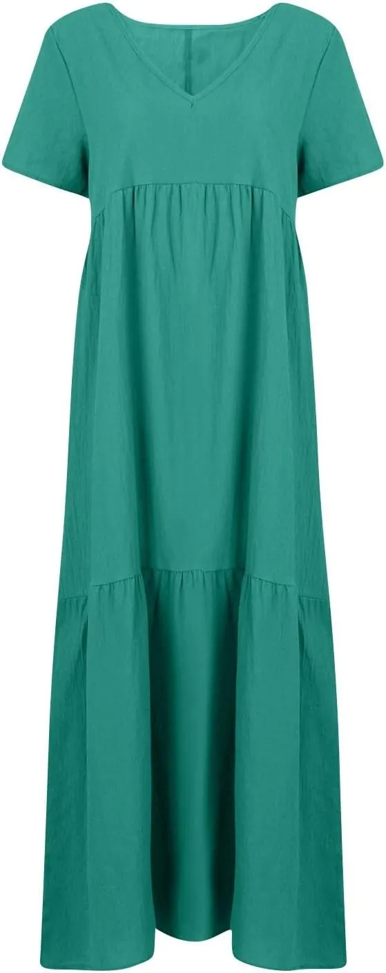 Linen Dress Women Summer Short Sleeve V Neck Plus Size Maxi Dresses Casual Flowy Loose Long Vacation Beach Sundress