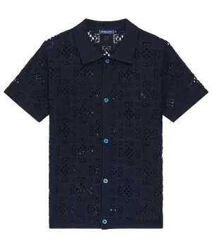 Raul Crochet Short Sleeve Shirt in Navy