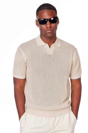 Short-sleeve cotton mesh-stitch johnny-collar sweater-polo