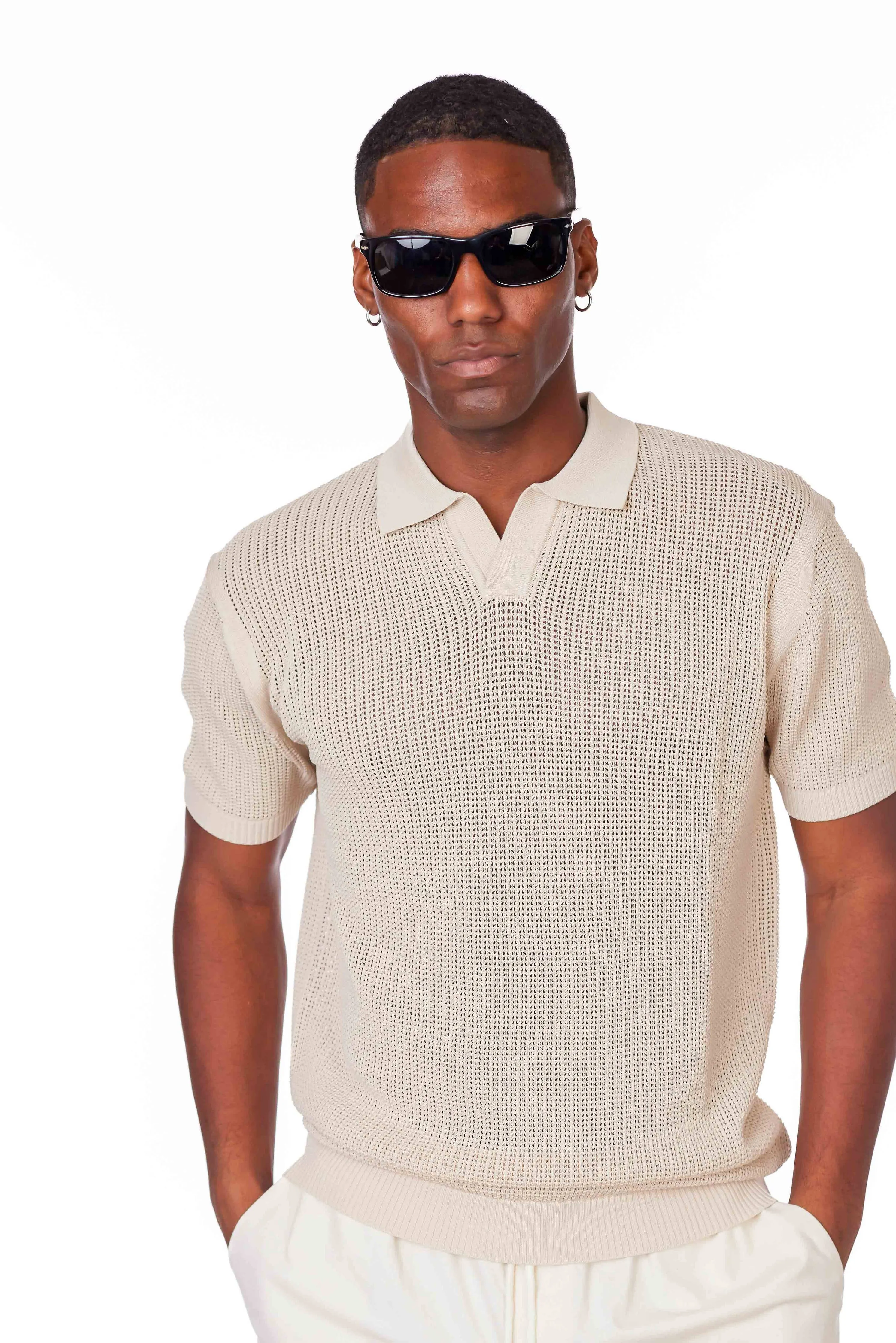 Short-sleeve cotton mesh-stitch johnny-collar sweater-polo