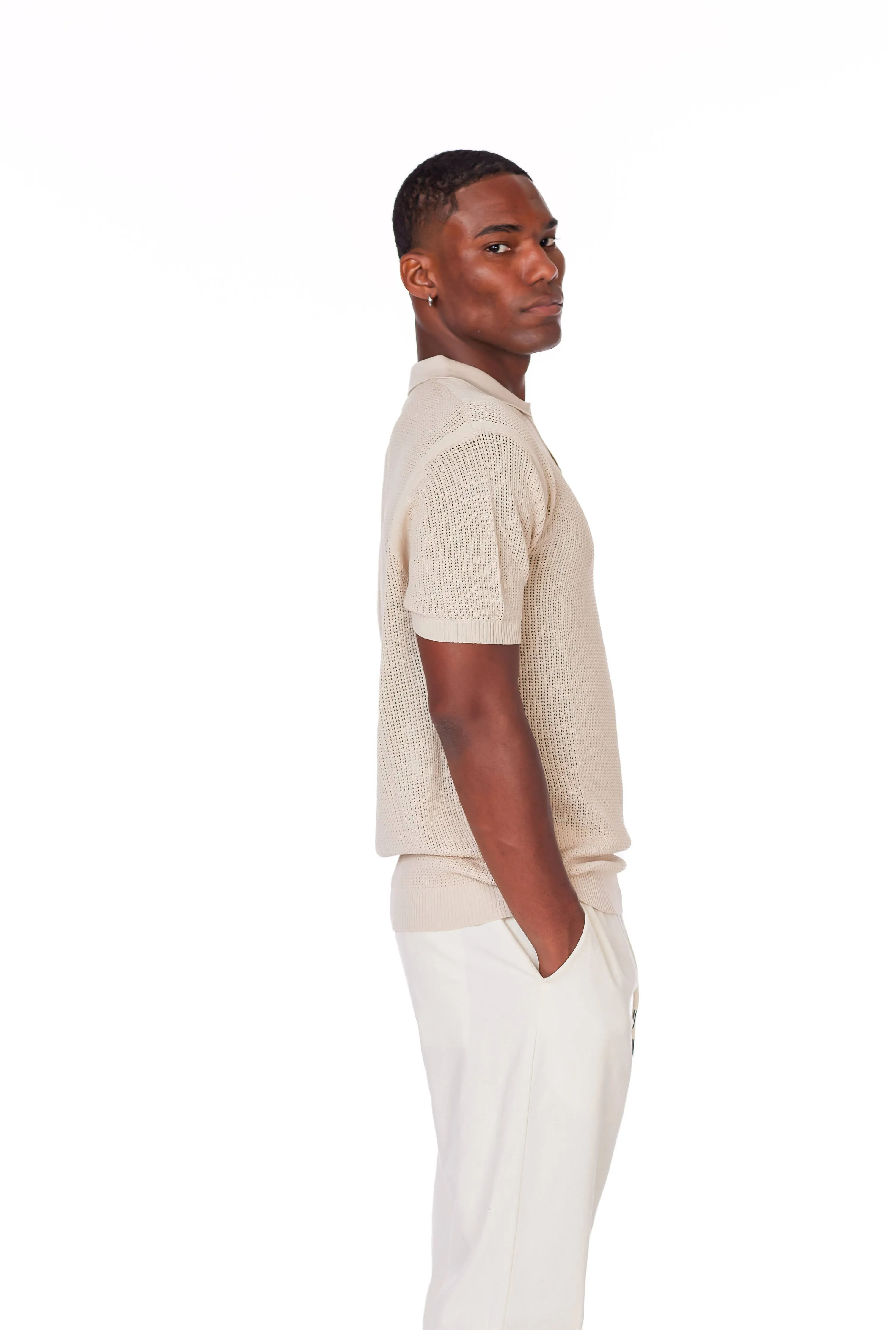 Short-sleeve cotton mesh-stitch johnny-collar sweater-polo