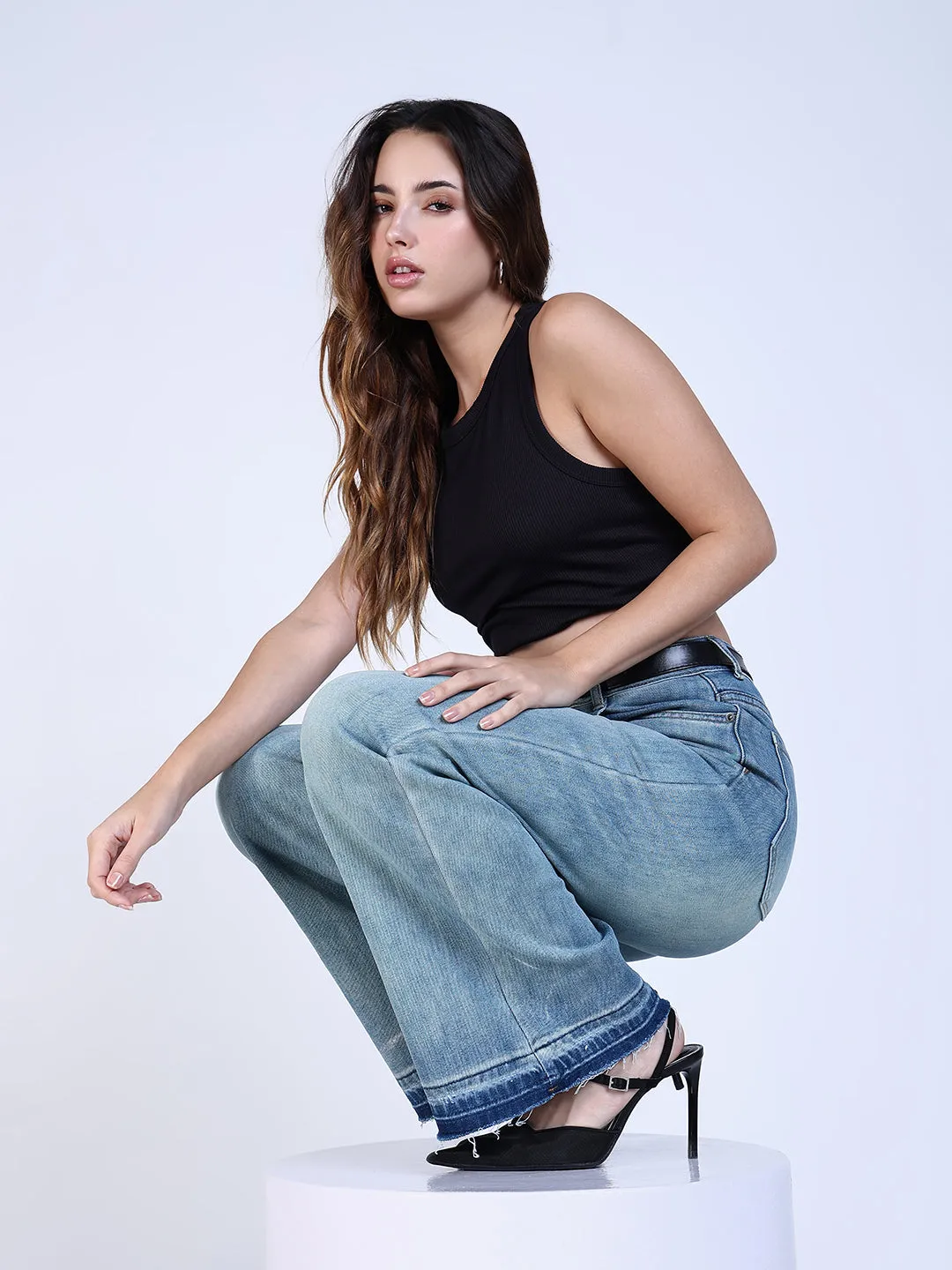 SHOWOFFFF Edition Women's Shaded Blue Mini Flare Fit Jeans with Hem Detail