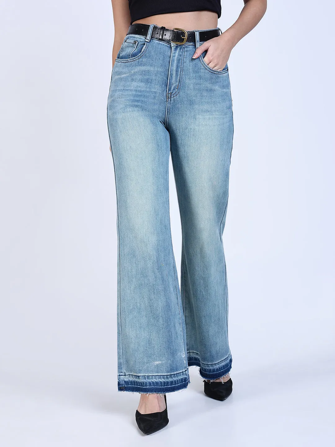 SHOWOFFFF Edition Women's Shaded Blue Mini Flare Fit Jeans with Hem Detail
