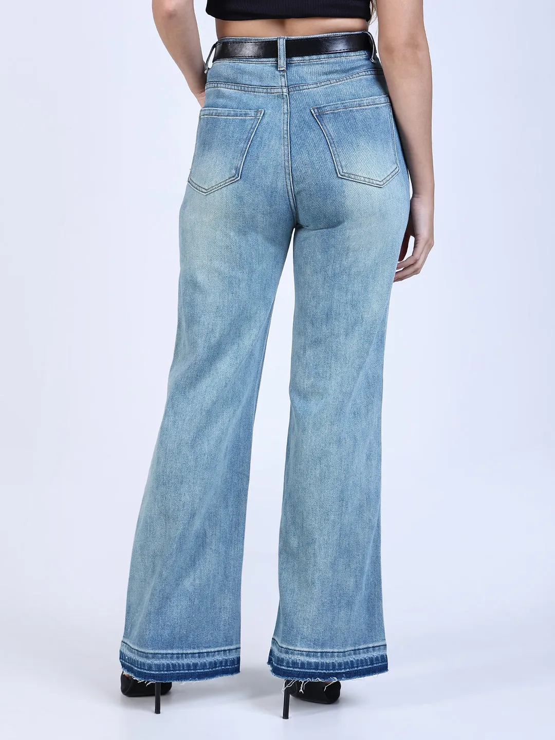 SHOWOFFFF Edition Women's Shaded Blue Mini Flare Fit Jeans with Hem Detail