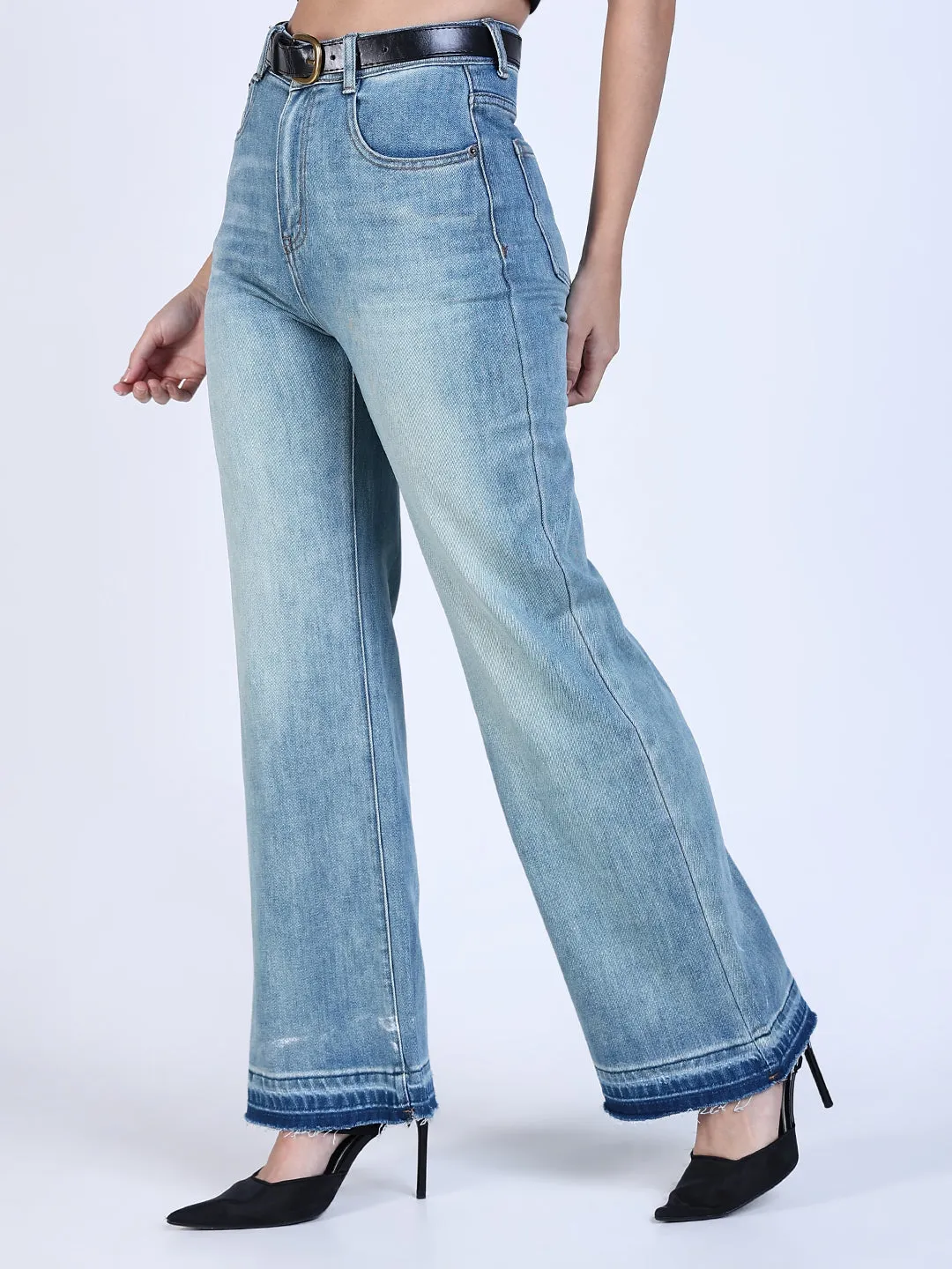 SHOWOFFFF Edition Women's Shaded Blue Mini Flare Fit Jeans with Hem Detail