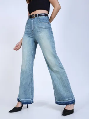 SHOWOFFFF Edition Women's Shaded Blue Mini Flare Fit Jeans with Hem Detail