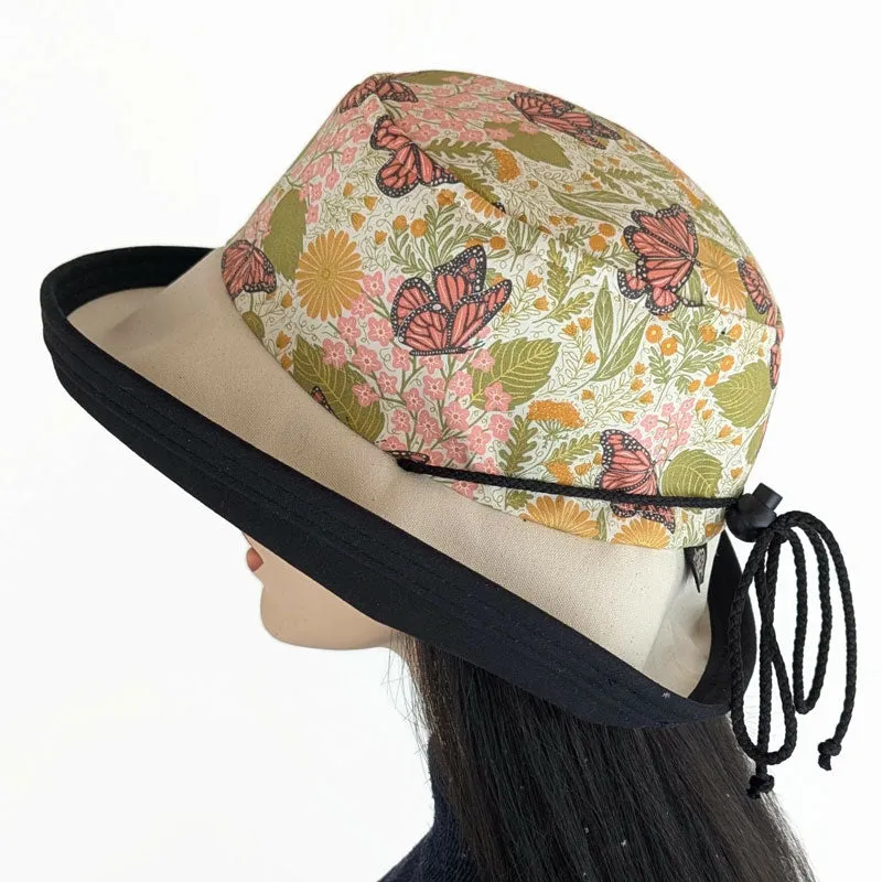 Sunblocker UV summer sun hat with wide brim, monarchs and flowers with gold highlights, adjustable fit