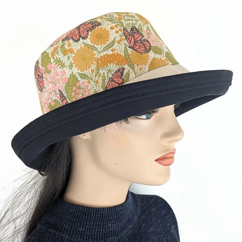 Sunblocker UV summer sun hat with wide brim, monarchs and flowers with gold highlights, adjustable fit