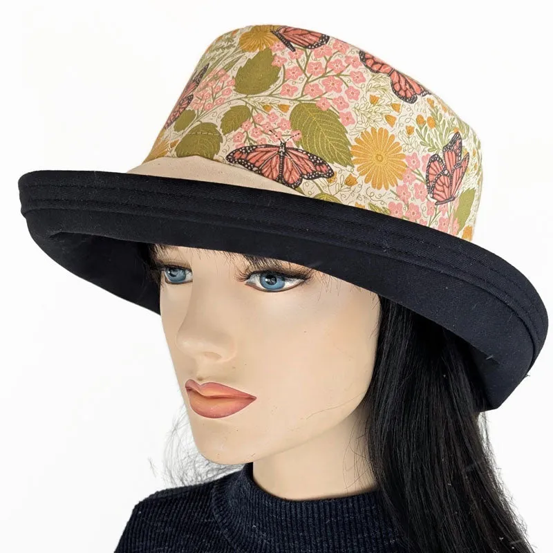 Sunblocker UV summer sun hat with wide brim, monarchs and flowers with gold highlights, adjustable fit