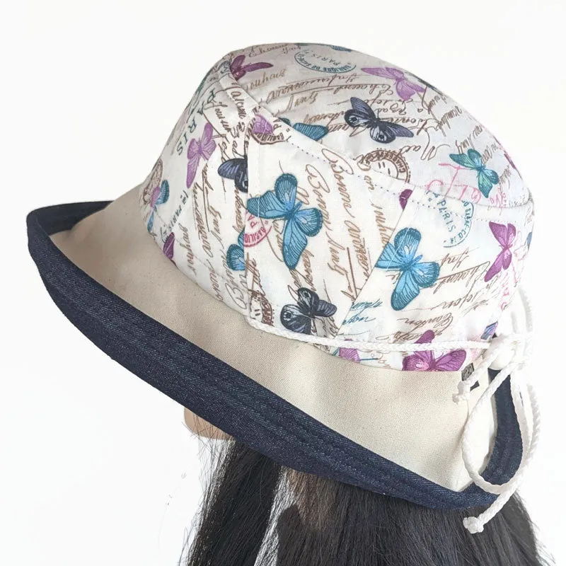 Sunblocker UV summer sun hat with wide brim, pretty butterflies with quilted detail, adjustable fit