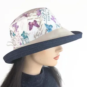 Sunblocker UV summer sun hat with wide brim, pretty butterflies with quilted detail, adjustable fit