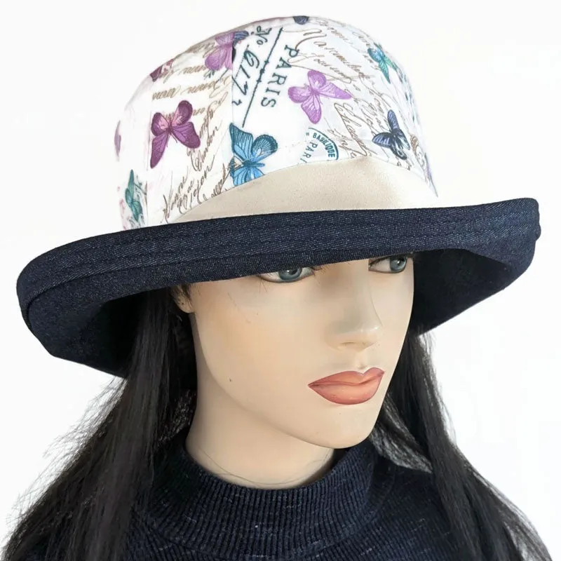 Sunblocker UV summer sun hat with wide brim, pretty butterflies with quilted detail, adjustable fit
