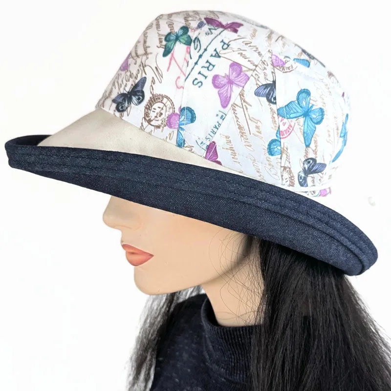 Sunblocker UV summer sun hat with wide brim, pretty butterflies with quilted detail, adjustable fit