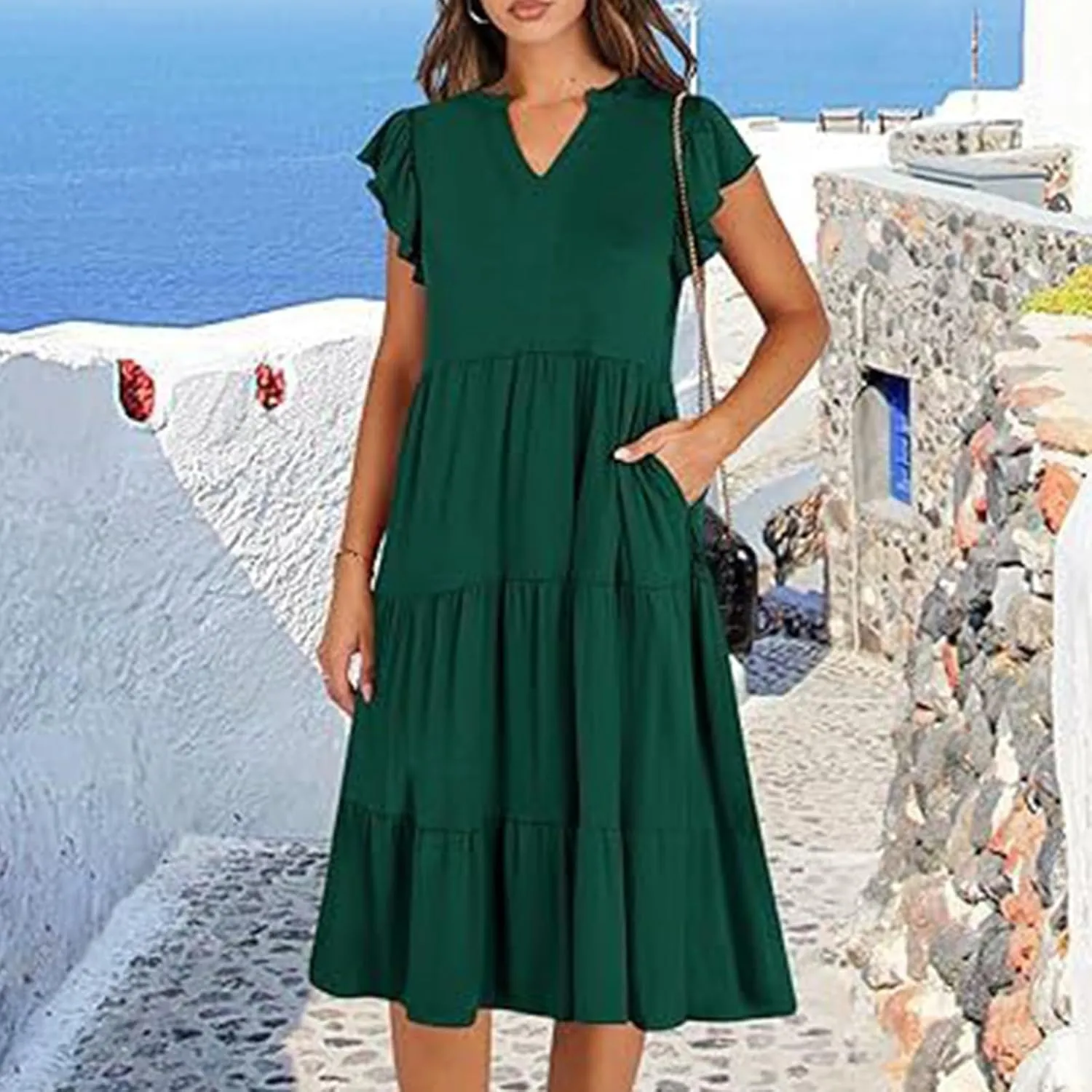 Sundresses for Women 2024 Flowy Cap Sleeve Tiered Ruffle Beach Dress Casual Summer Boho V Neck Midi Dress with Pocket