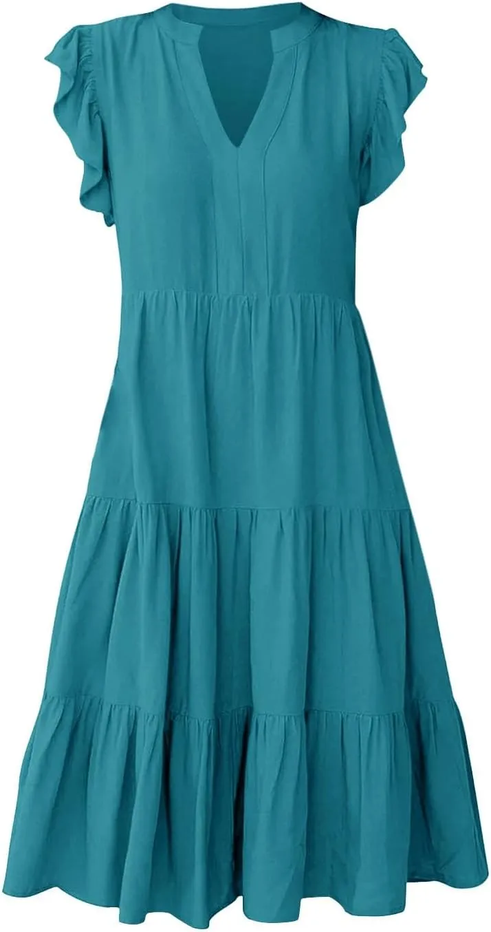 Sundresses for Women 2024 Flowy Cap Sleeve Tiered Ruffle Beach Dress Casual Summer Boho V Neck Midi Dress with Pocket