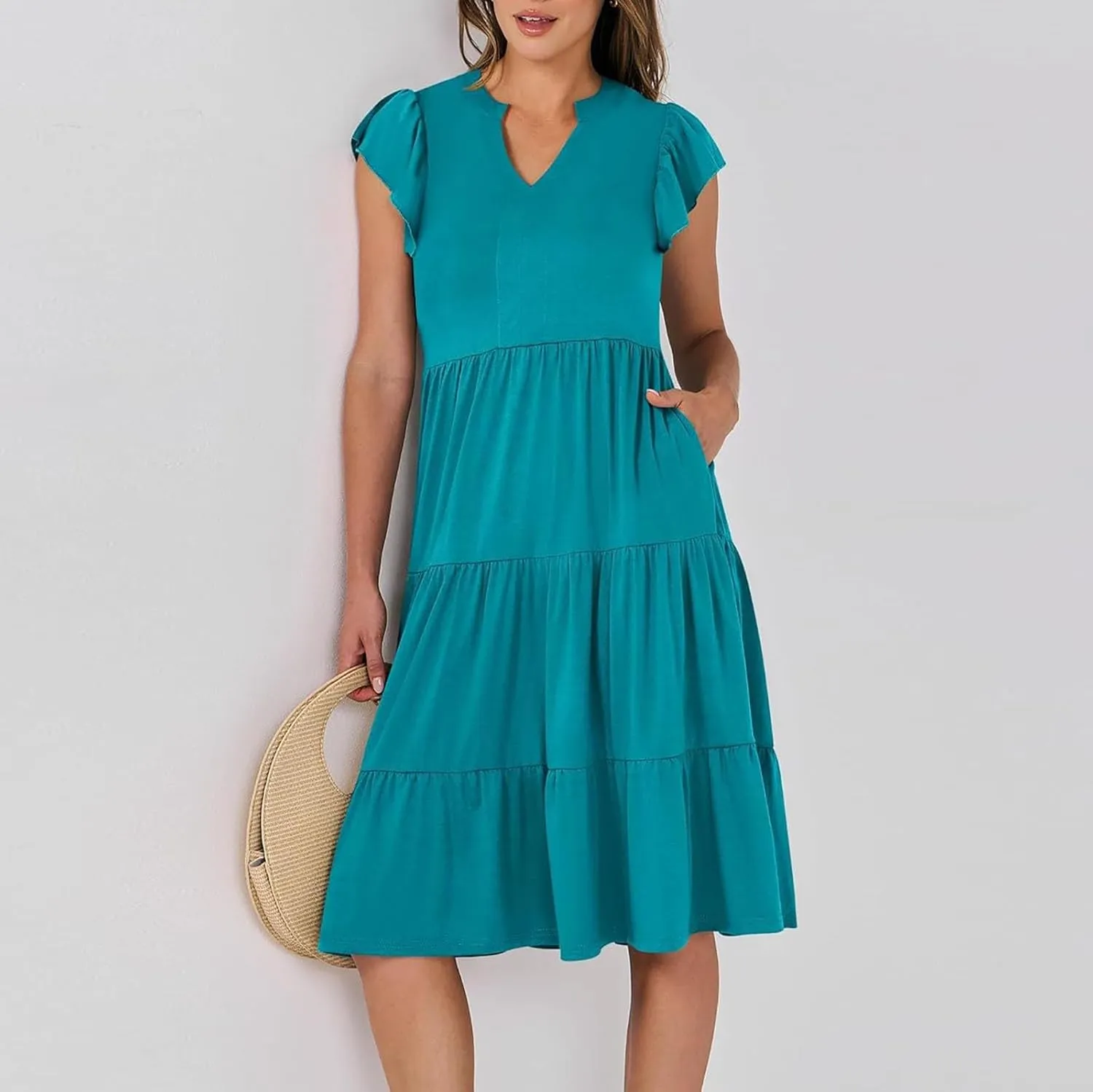 Sundresses for Women 2024 Flowy Cap Sleeve Tiered Ruffle Beach Dress Casual Summer Boho V Neck Midi Dress with Pocket