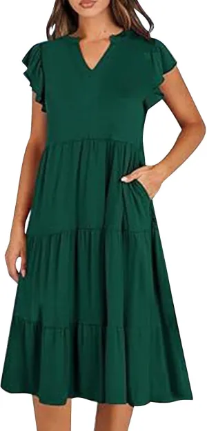 Sundresses for Women 2024 Flowy Cap Sleeve Tiered Ruffle Beach Dress Casual Summer Boho V Neck Midi Dress with Pocket