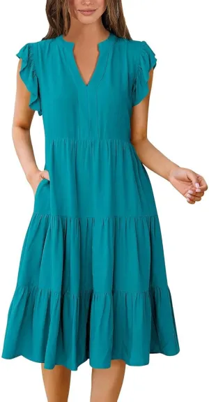 Sundresses for Women 2024 Flowy Cap Sleeve Tiered Ruffle Beach Dress Casual Summer Boho V Neck Midi Dress with Pocket