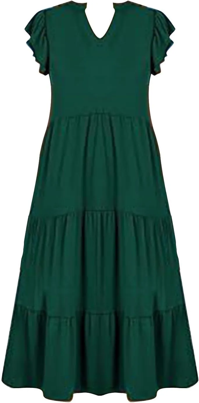 Sundresses for Women 2024 Flowy Cap Sleeve Tiered Ruffle Beach Dress Casual Summer Boho V Neck Midi Dress with Pocket