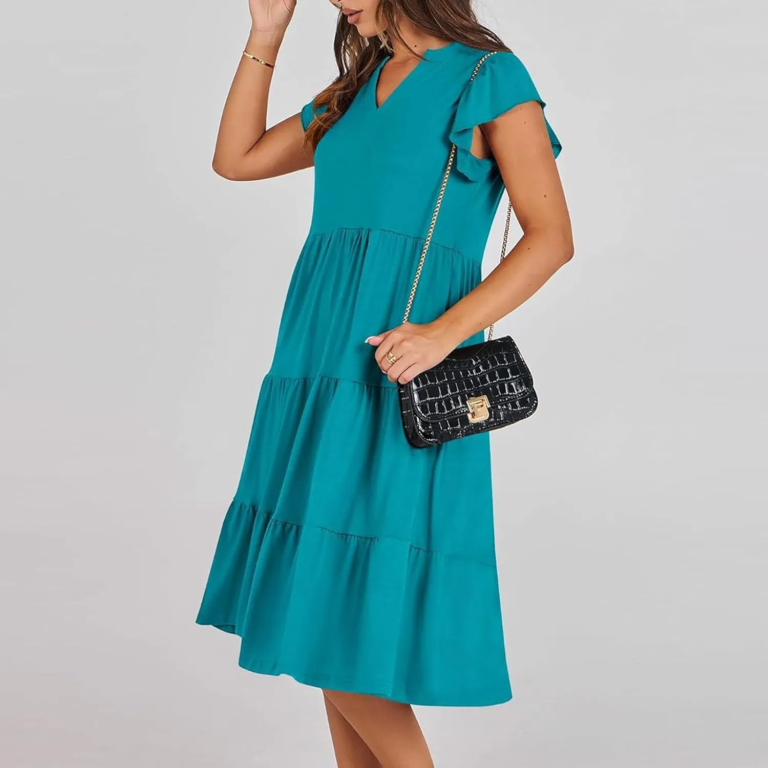 Sundresses for Women 2024 Flowy Cap Sleeve Tiered Ruffle Beach Dress Casual Summer Boho V Neck Midi Dress with Pocket