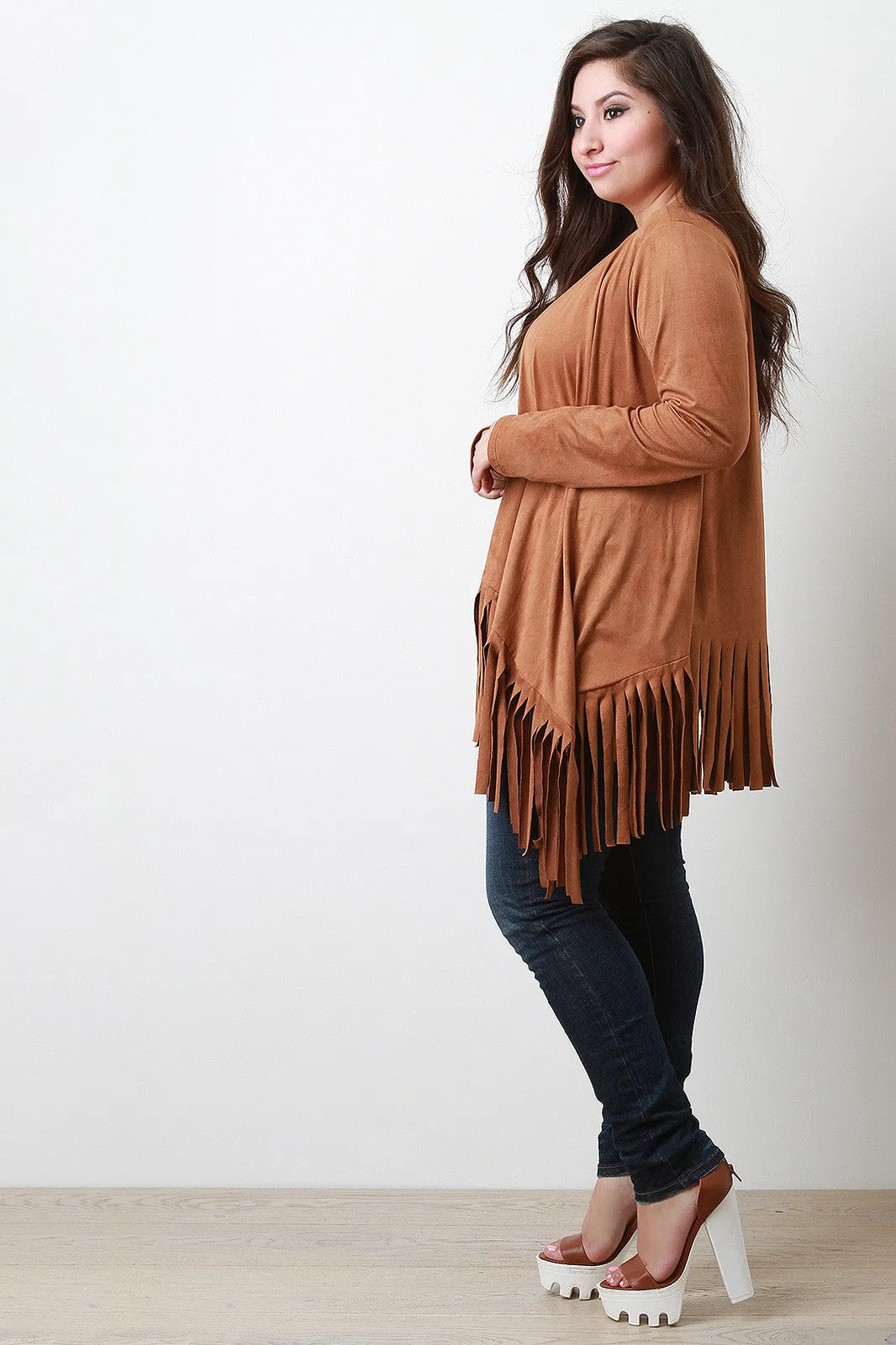 Vegan Suede Fringe Shawl Jacket