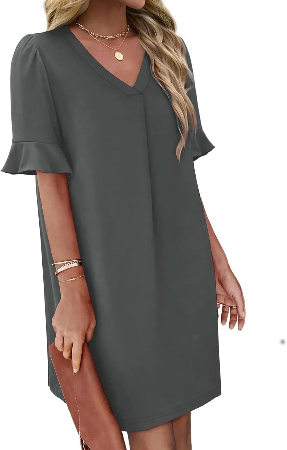 Women Ruffle Short Sleeve Mini Dress Summer V Neck Pleated Dresses Dressy Casual Business Short Dresses with Pocket