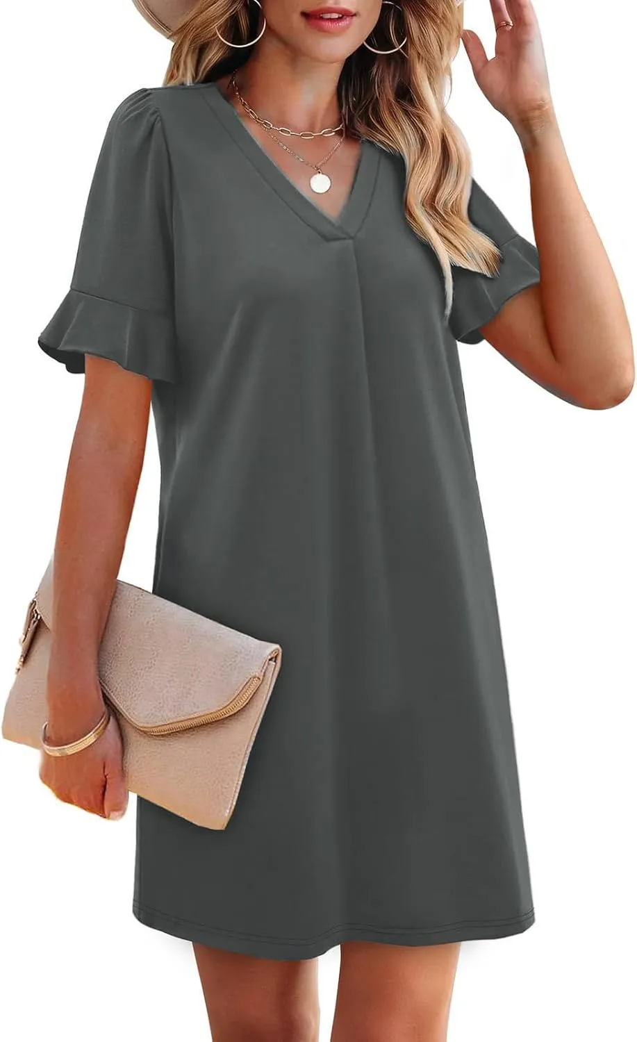 Women Ruffle Short Sleeve Mini Dress Summer V Neck Pleated Dresses Dressy Casual Business Short Dresses with Pocket