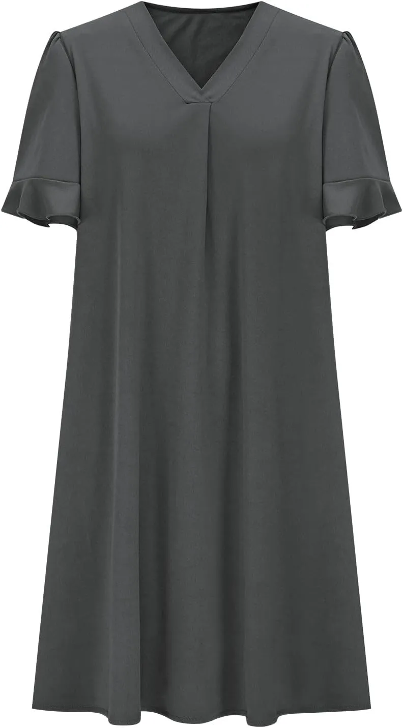 Women Ruffle Short Sleeve Mini Dress Summer V Neck Pleated Dresses Dressy Casual Business Short Dresses with Pocket