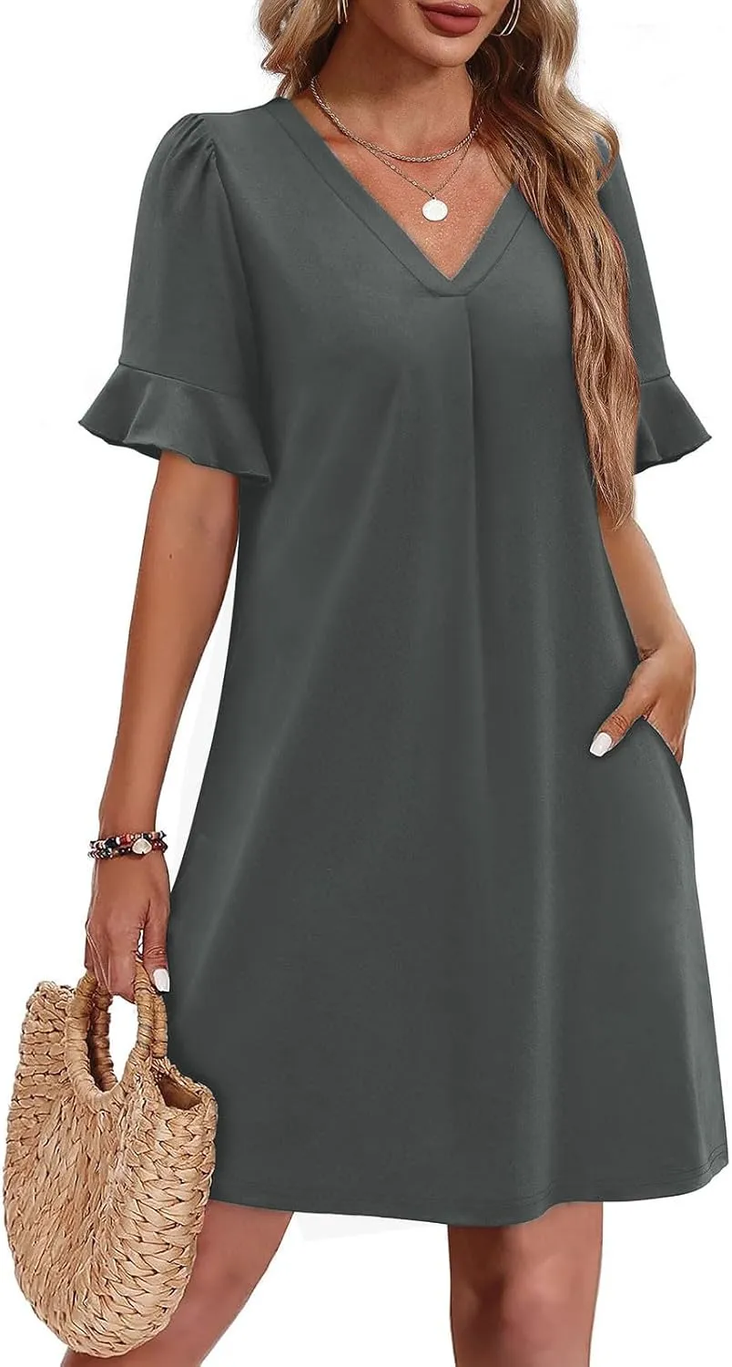 Women Ruffle Short Sleeve Mini Dress Summer V Neck Pleated Dresses Dressy Casual Business Short Dresses with Pocket