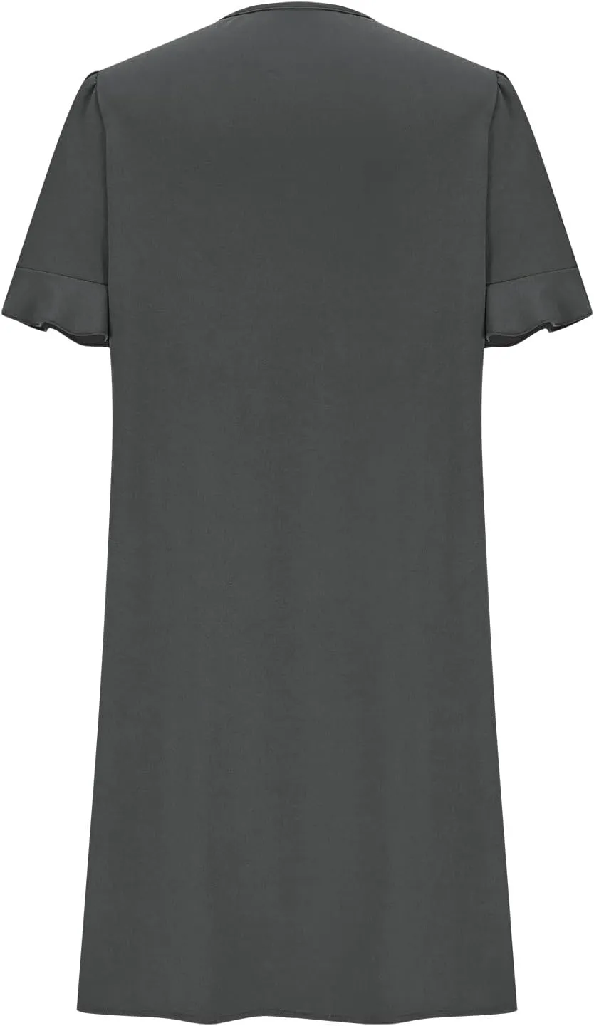 Women Ruffle Short Sleeve Mini Dress Summer V Neck Pleated Dresses Dressy Casual Business Short Dresses with Pocket