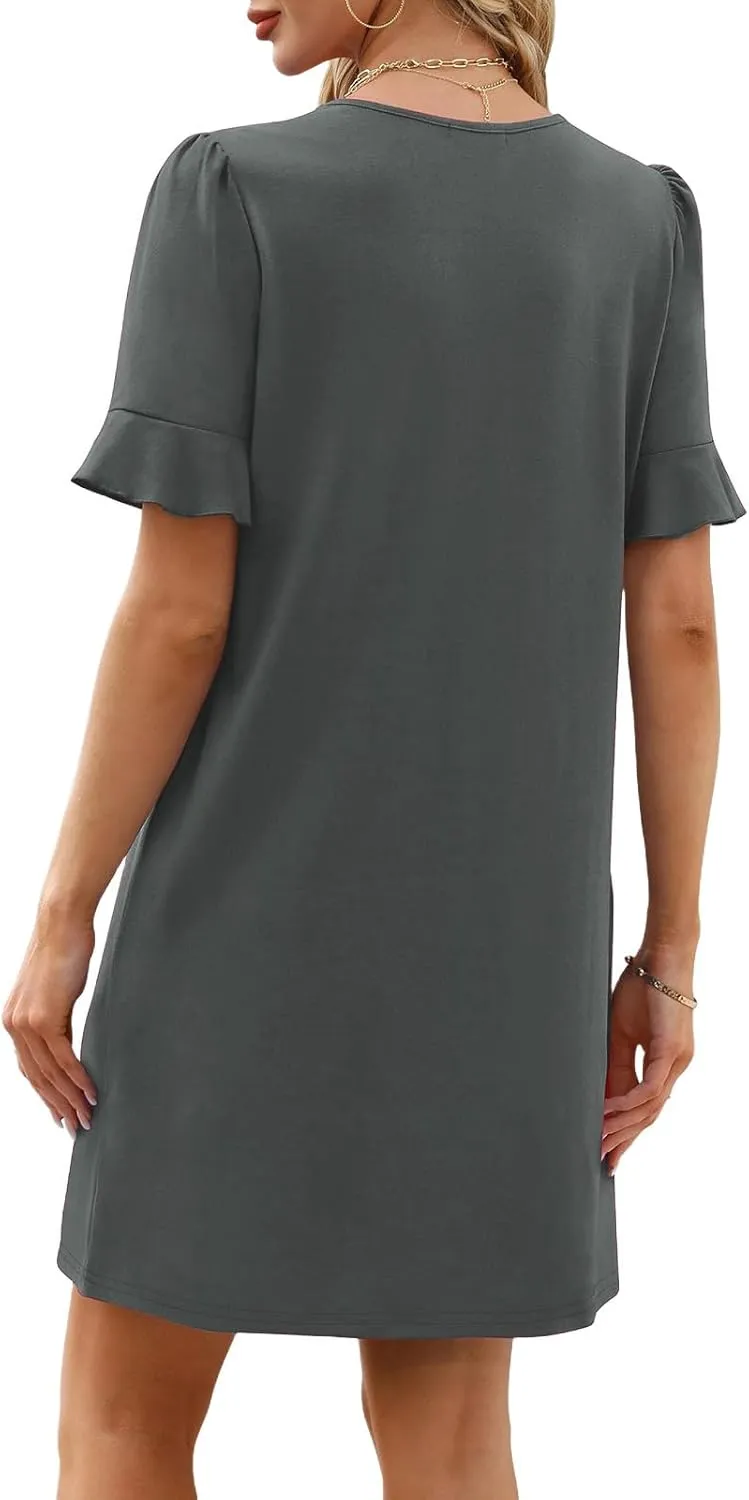 Women Ruffle Short Sleeve Mini Dress Summer V Neck Pleated Dresses Dressy Casual Business Short Dresses with Pocket