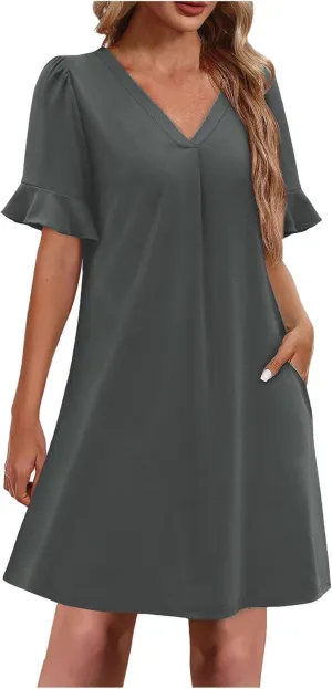 Women Ruffle Short Sleeve Mini Dress Summer V Neck Pleated Dresses Dressy Casual Business Short Dresses with Pocket