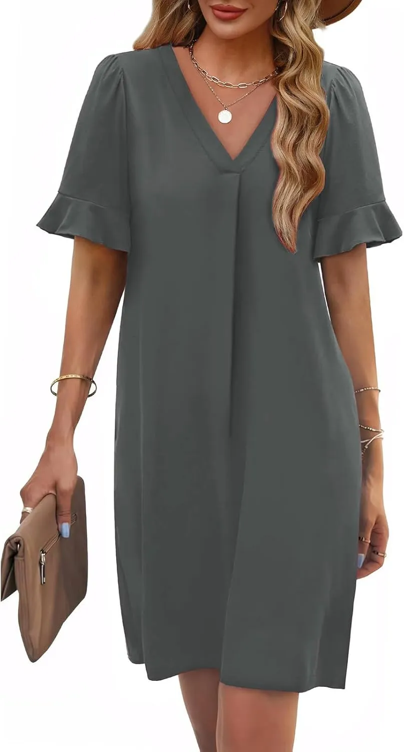 Women Ruffle Short Sleeve Mini Dress Summer V Neck Pleated Dresses Dressy Casual Business Short Dresses with Pocket