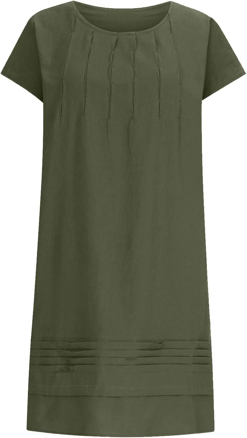 Women's Cotton Linen Midi Dress Plus Size Cap Sleeve Pleated Summer Dresses Vacation Crew Neck Casual Dress