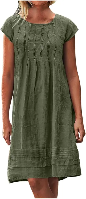 Women's Cotton Linen Midi Dress Plus Size Cap Sleeve Pleated Summer Dresses Vacation Crew Neck Casual Dress