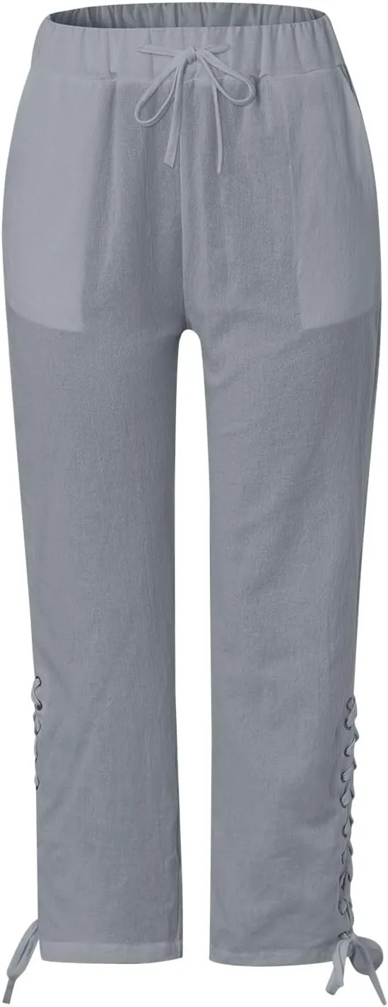 Womens Cotton Linen Summer Striped Pants High Waist Bootcut Slim Fit Trousers Trendy