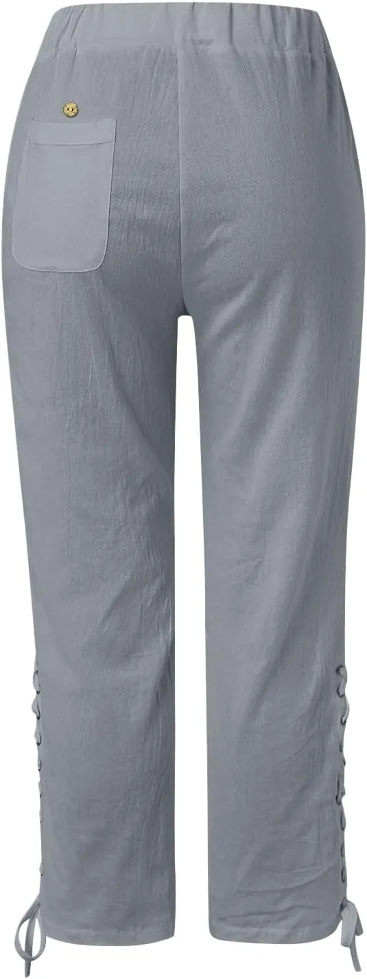 Womens Cotton Linen Summer Striped Pants High Waist Bootcut Slim Fit Trousers Trendy
