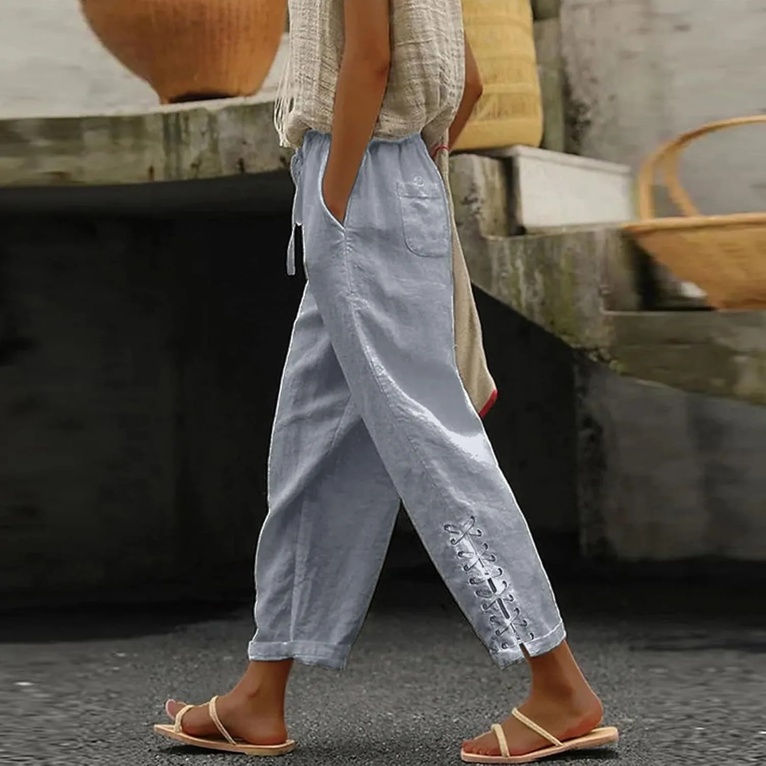 Womens Cotton Linen Summer Striped Pants High Waist Bootcut Slim Fit Trousers Trendy