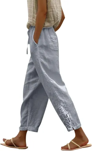 Womens Cotton Linen Summer Striped Pants High Waist Bootcut Slim Fit Trousers Trendy